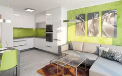 Зеленая кухня в интерьере с гостиной дизайн