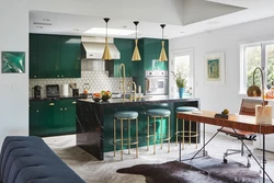 Зеленая кухня в интерьере с гостиной дизайн