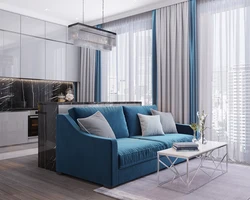Дизайн кухни с синим диваном