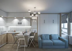 Современный дизайн кухни гостиной 14 кв м с диваном