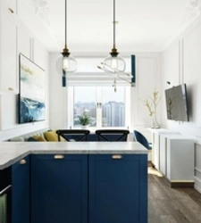 Дизайн кухни гостиной в синем цвете
