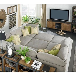 Дизайн гостиной диван посередине