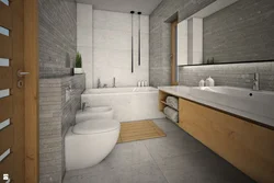 Дизайн ванной комнаты в сером тоне с деревом