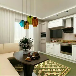 Дизайн квадратной кухни с диваном и телевизором фото