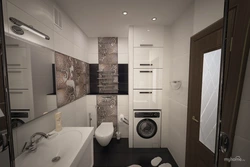 Дизайн ванной комнаты прямоугольной с туалетом и стиральной машиной