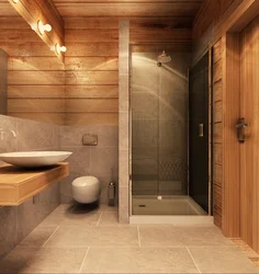 Дизайн ванной комнаты в деревянном доме с душевой кабиной
