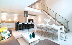Дизайн кухни гостиной с лестницей в современном стиле