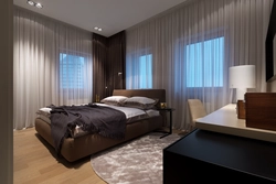 Угловая спальня с двумя окнами дизайн