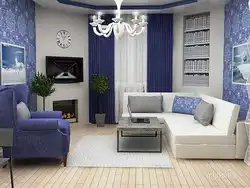 Современный дизайн гостиной в голубых тонах