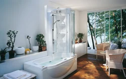 Bathtub and shower cabin in one photo