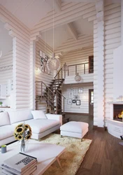 Интерьер гостиной деревянного дома в светлых тонах