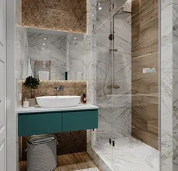 Дизайн ванной с душевой из плитки под мрамор