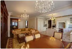 Interior of a kitchen living room in a house in a classic style