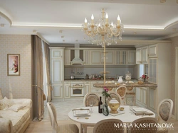 Классический дизайн кухни гостиной в светлых тонах фото