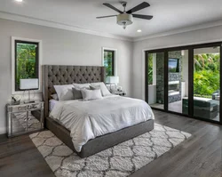 Bedroom interior with gray bed