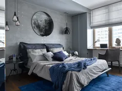 Спальня с серой кроватью дизайн фото