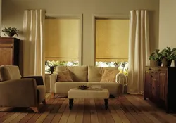 Рулонные шторы в интерьере гостиной