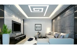 Дизайн потолка в гостиной со световыми линиями