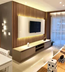 Дизайн оформления зоны телевизора в гостиной