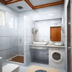 Интерьер ванной с душевой и туалетом стиральной машиной