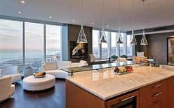 Кухня гостиная с панорамными окнами дизайн фото