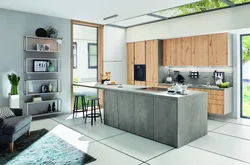 Kitchen design in gray tones with wood