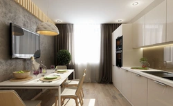 Дизайн прямоугольной кухни с диваном и балконом