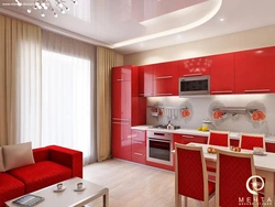 Дизайн гостиной с красной кухней