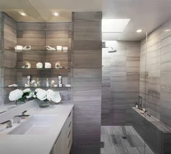 Bathroom design in gray tones with wood