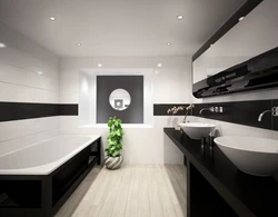 Дизайн ванной с темным полом и светлыми стенами