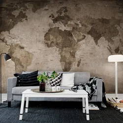 Штукатурка карта мира в интерьере гостиной