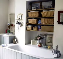 Photograph shelves in the bathroom