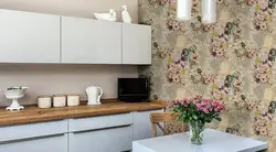 Adhesive wallpaper on the wall in the kitchen photo