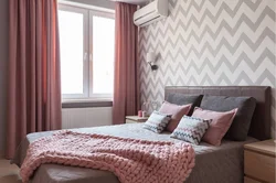 Dusty rose curtains in the bedroom interior