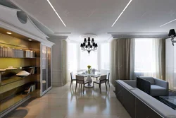 Дизайн натяжных потолков в гостиной совмещенной с кухней