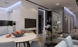 Дизайн натяжных потолков в гостиной совмещенной с кухней