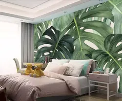 Обои с листьями в интерьере спальни пальмовыми