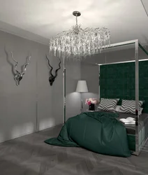 Изумрудно серый интерьер спальни