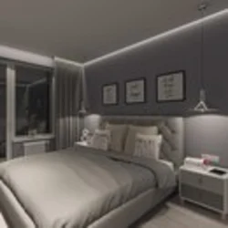 Серый интерьер спальни и гостиной