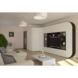 Дизайн гостиной с угловым диваном и угловым шкафом