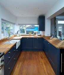 Синяя Кухня В Интерьере Фото С Деревянной