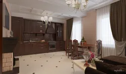 Интерьер с коричневой кухней гостиной