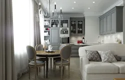 Дизайн кухни в серых тонах с диваном