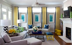 Голубой и желтый в интерьере гостиной