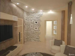 Интерьер с камнем и обоями в гостиной