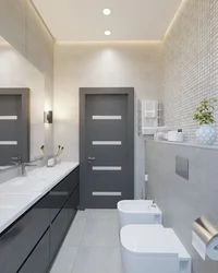 Дизайн ванной с темной дверью