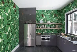 Дизайн кухни обои листья