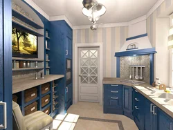 Бежево синий интерьер кухни