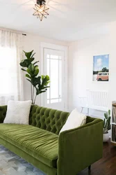 Интерьер гостиной с оливковым диваном фото