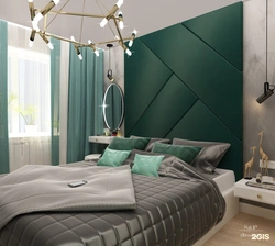 Emerald curtains in the bedroom interior